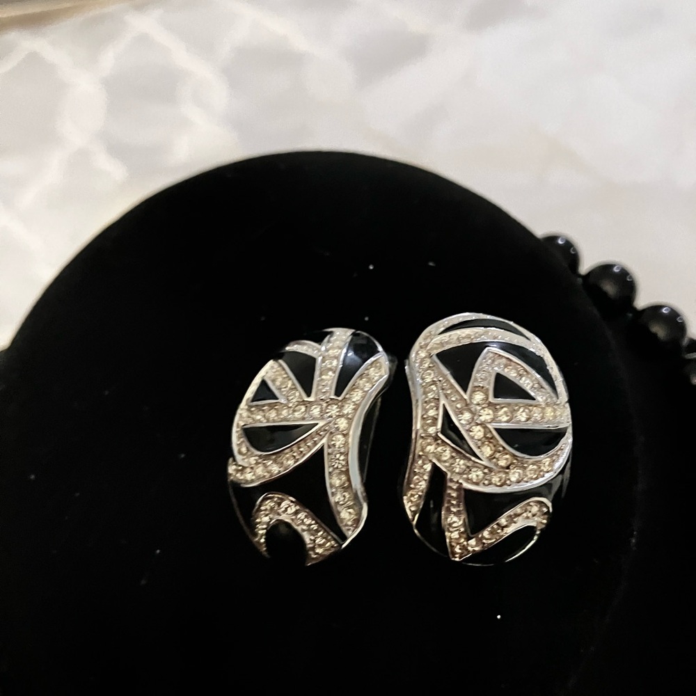 Old money Dior Vintage Black N Diamond Accents Clip Earrings.Onyx Necklace set! - Picture 13 of 15